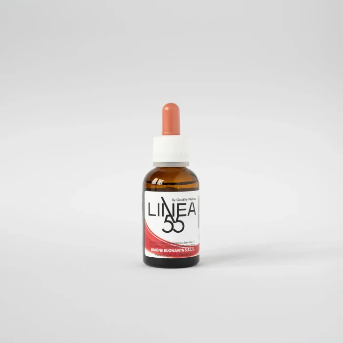 Botticino da 30 ml di olio corpo Linea55, creato per stimolare l’euforia e il buon umore. Etichetta rossa.