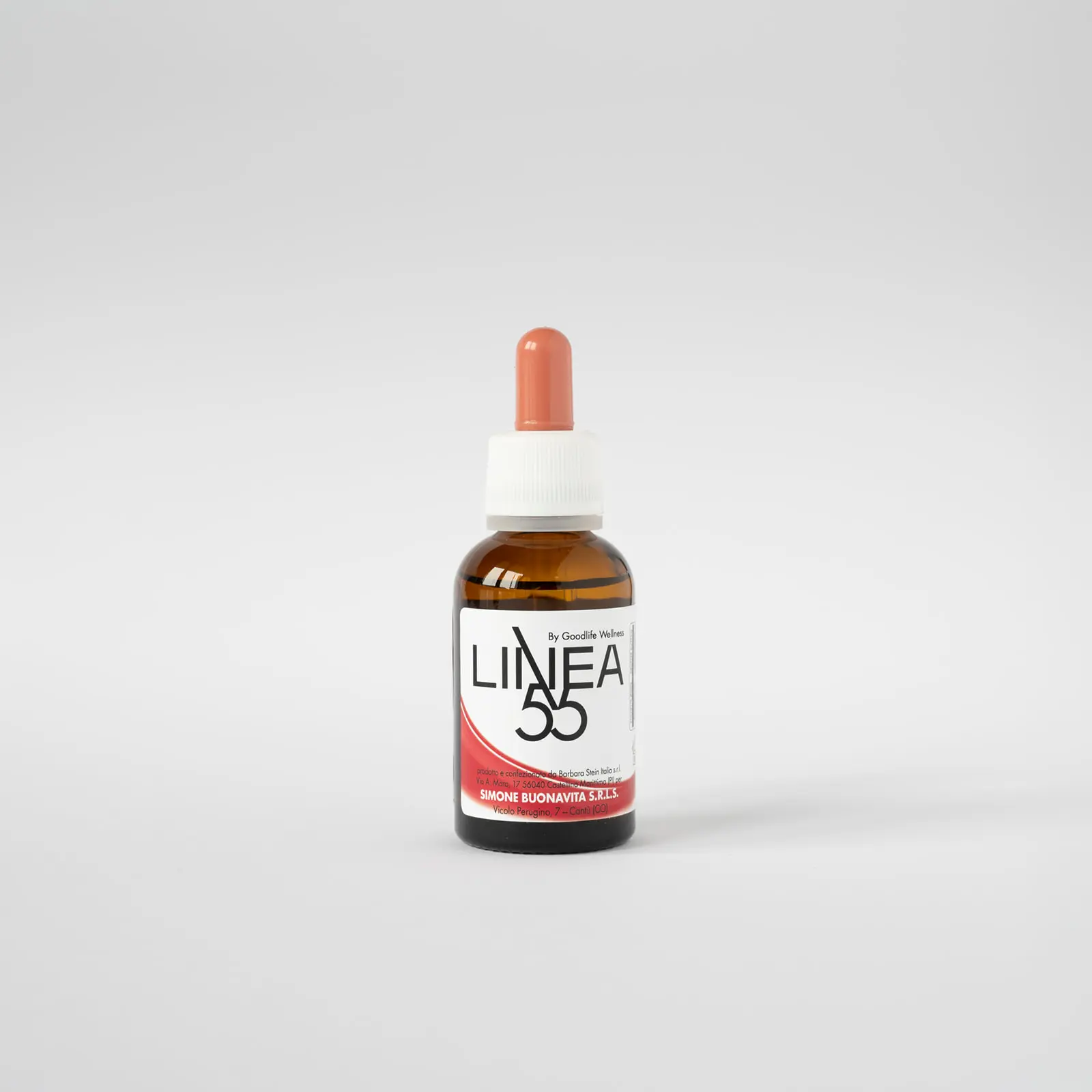 Botticino da 30 ml di olio corpo Linea55, creato per stimolare l’euforia e il buon umore. Etichetta rossa.