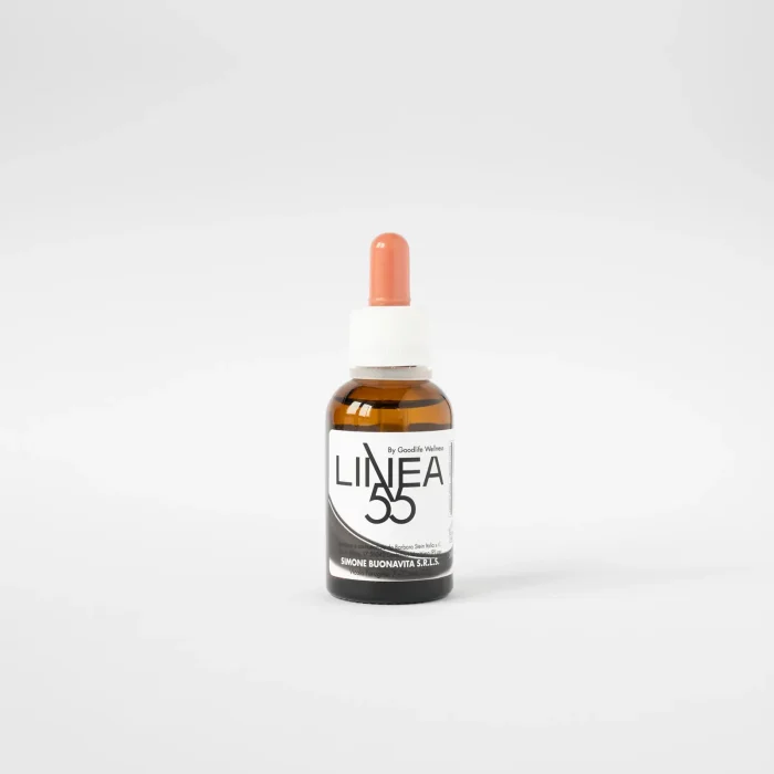 Bottiglia da 30 ml di olio corpo Linea55, formulata per aiutare a gestire la paura e l’insicurezza. Etichetta nera.