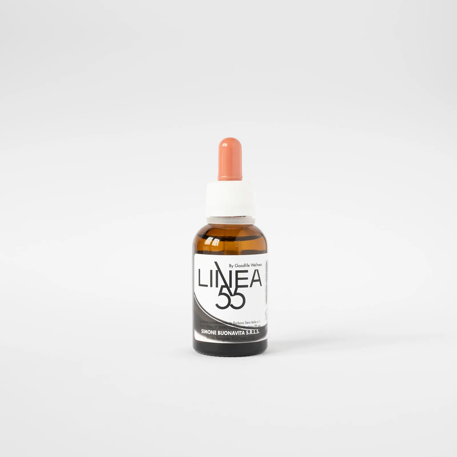 Bottiglia da 30 ml di olio corpo Linea55, formulata per aiutare a gestire la paura e l’insicurezza. Etichetta nera.