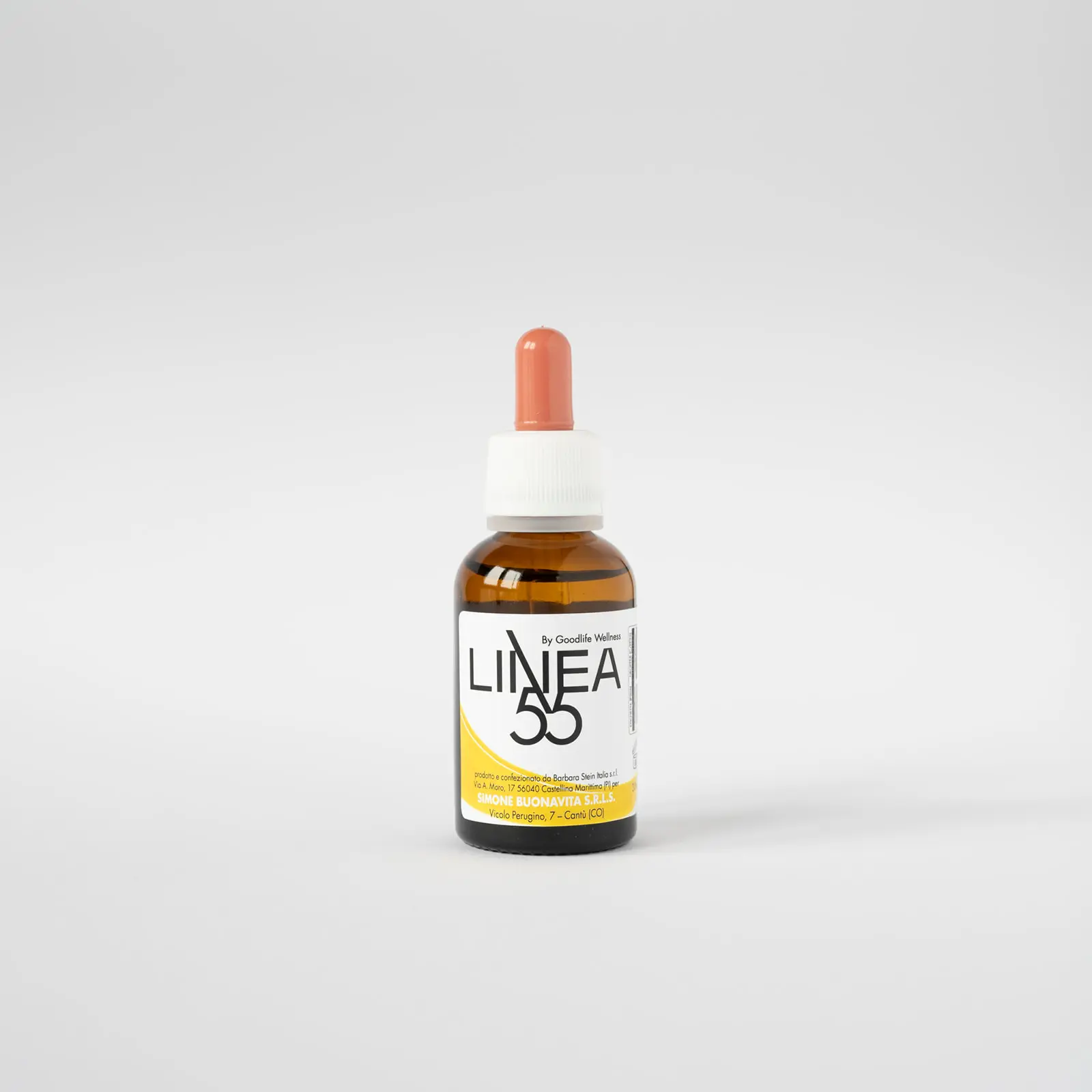 Olio corpo Linea55 da 30 ml, miscela naturale per contrastare la preoccupazione e favorire il rilassamento. Etichetta gialla.