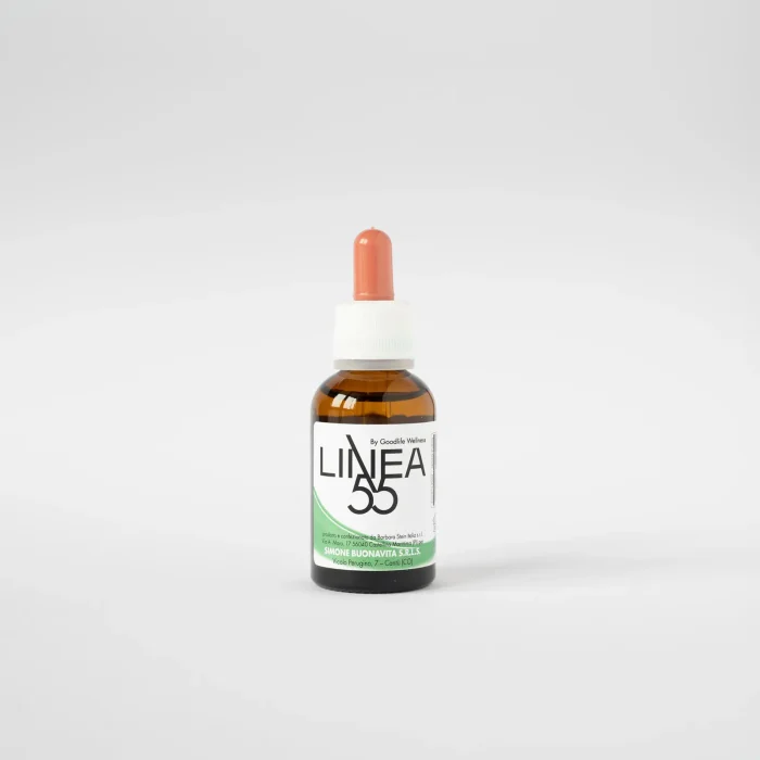 Flacone da 30 ml di olio corpo Linea55, studiato per riequilibrare l’emozione della rabbia e favorire la calma. Etichetta verde.