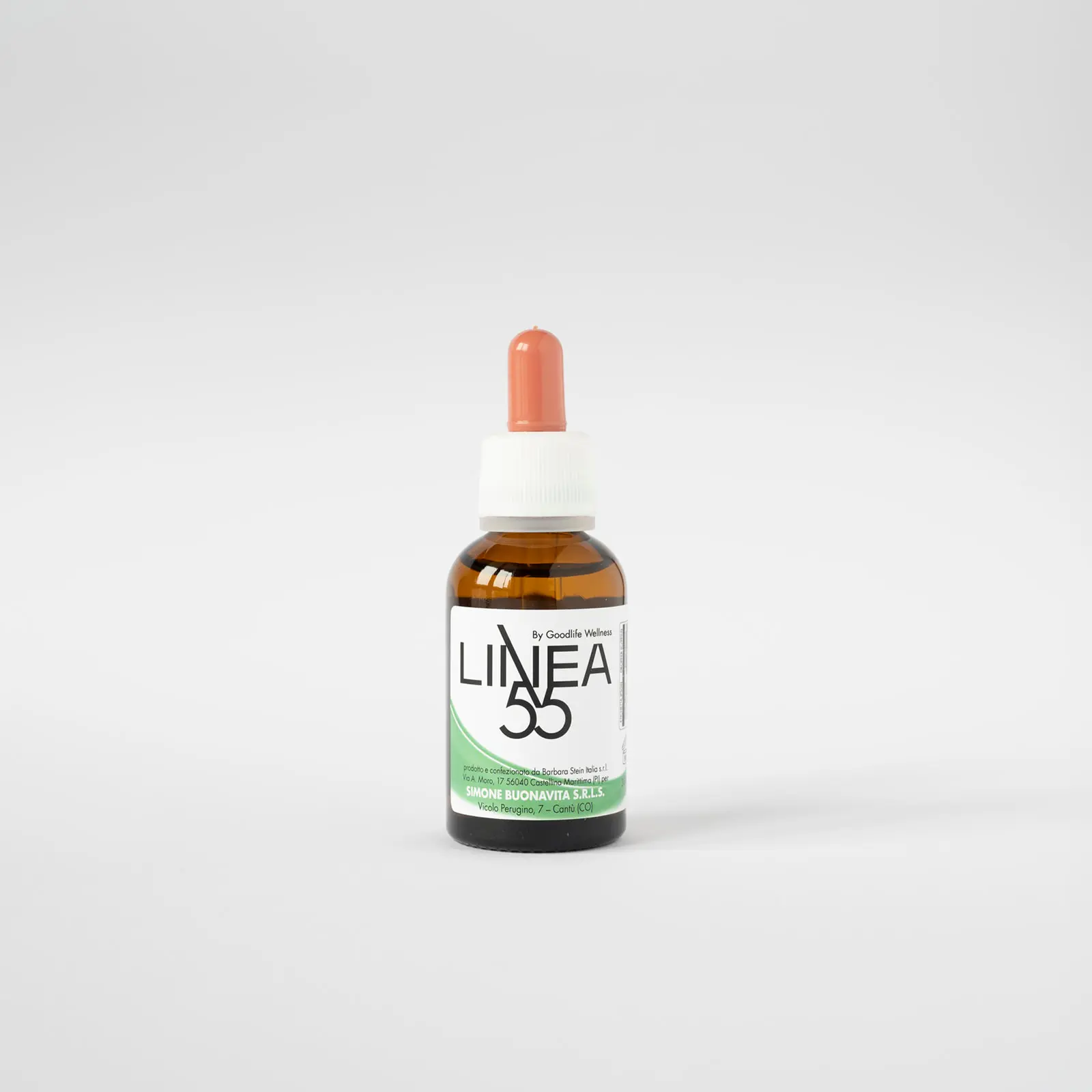 Flacone da 30 ml di olio corpo Linea55, studiato per riequilibrare l’emozione della rabbia e favorire la calma. Etichetta verde.