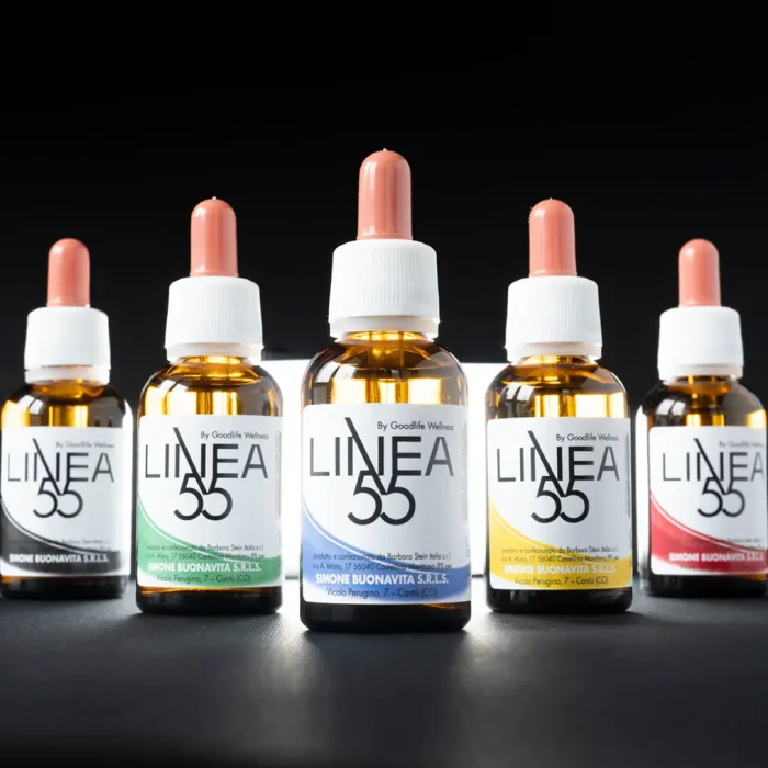 Composizione dell’olio corpo Linea55 Tristezza con estratti di menta, pino e oli essenziali riequilibranti.