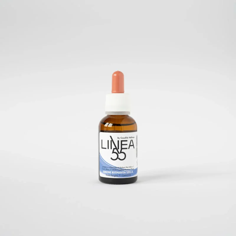 Bottiglia da 30 ml di olio corpo Linea55 per il benessere emotivo, formulato per alleviare la tristezza. Etichetta blu.