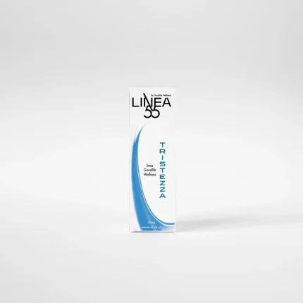 Confezione dell’olio corpo Linea55 Tristezza da 30 ml con design bianco e dettagli blu.