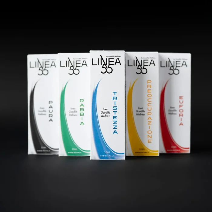 Olio corpo Linea55 Tristezza accanto agli altri oli emozionali della gamma.