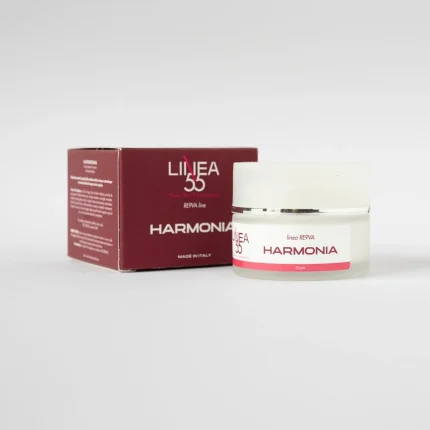 Vasetto da 50ml e confezione bordeaux della crema viso Harmonia Re9va di Linea55 con Argan e plancton marino su sfondo bianco.