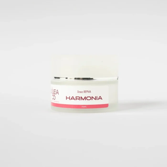 Vasetto bianco da 50ml di crema viso Harmonia Re9va di Linea55 con Argan e plancton marino, vista frontale su sfondo bianco.