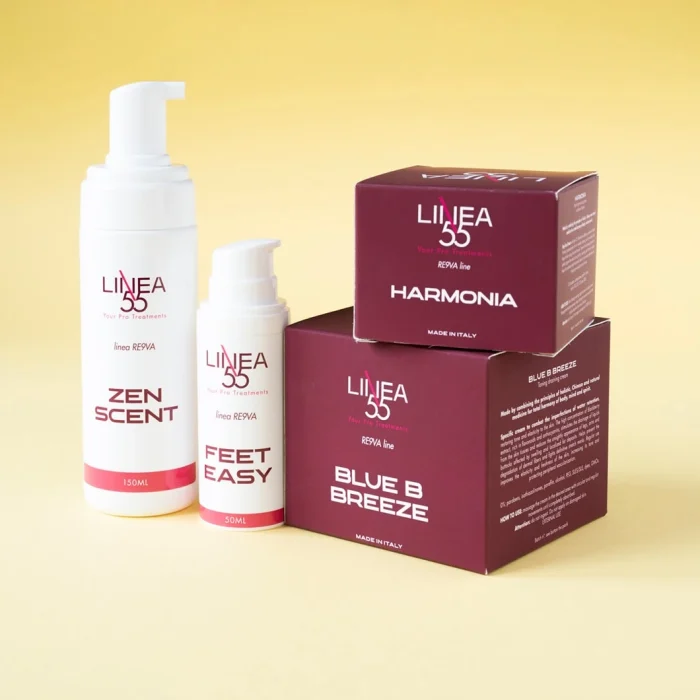 Collezione di prodotti Re9va di Linea55 con flaconi di Zen Scent e Feet Easy accanto alle confezioni bordeaux di Harmonia e Blue B Breeze su sfondo giallo.