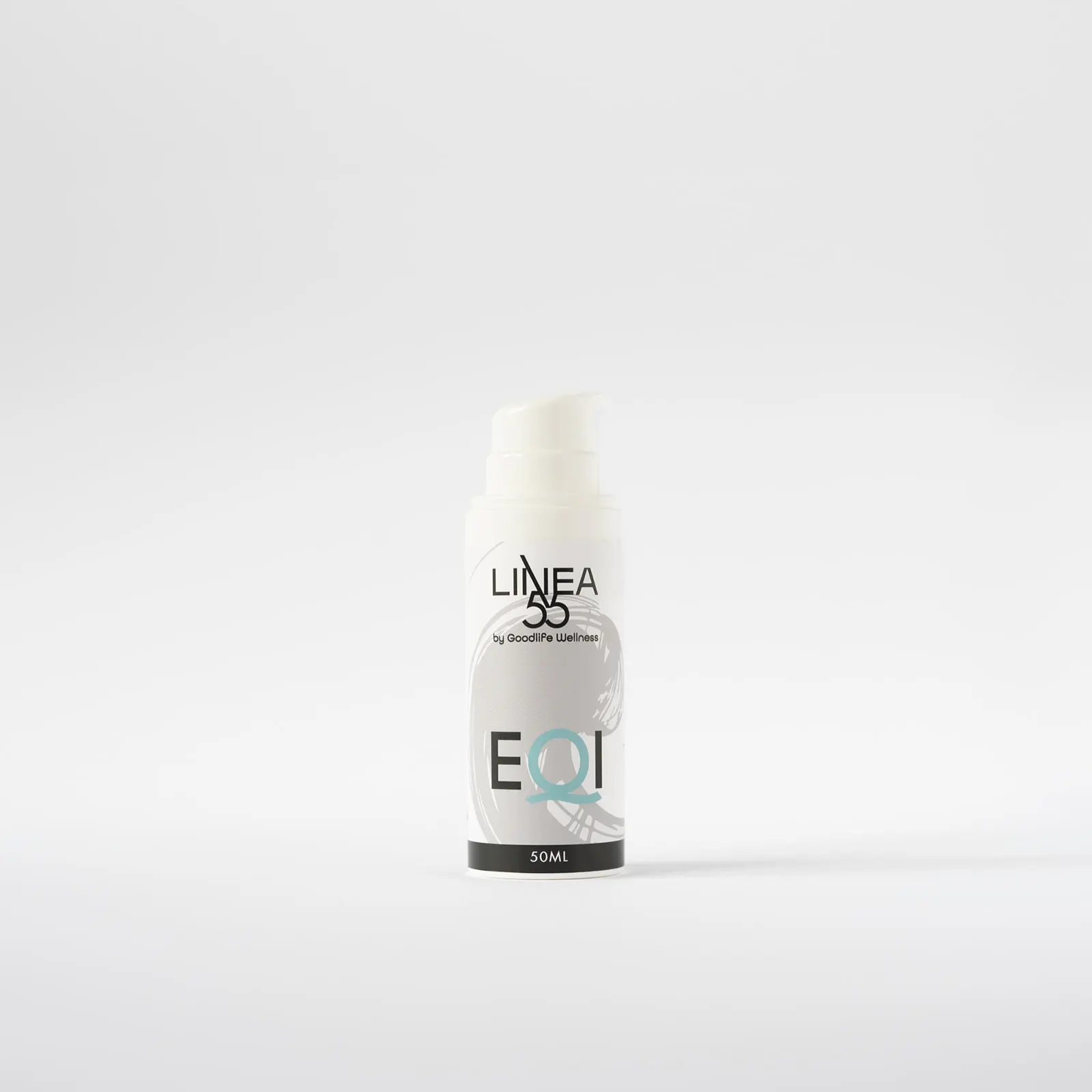 Crema adattogena EQI di Linea55 by Goodlife Wellness in flacone bianco con dispenser da 50ml su sfondo bianco minimalista.